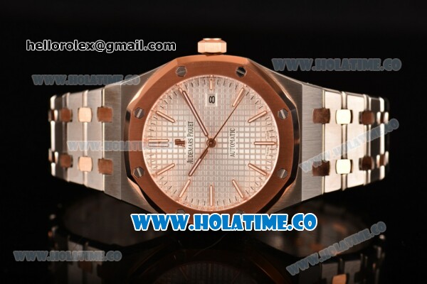 Audemars Piguet Royal Oak 41MM Clone AP Calibre 3120 Automatic Rose Gold/Steel Case with White Dial and Stick Markers - Rose Gold Bezel (EF) - Click Image to Close